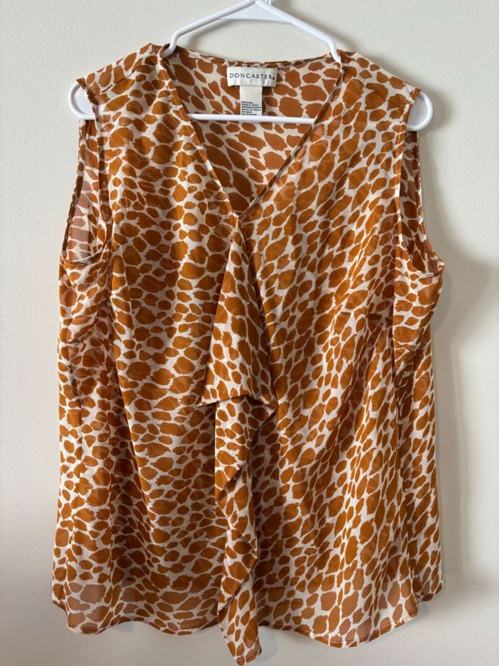 Doncaster 100% Silk Sleeveless Ruffle Front Blouse- Rust Animal Print